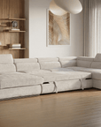Canapé panoramique convertible avec coffre en velours chiné beige MARIANO- Angle gauche