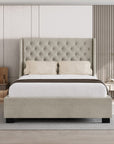 Lit coffre capitonné en tissu lin beige FLORINE 160 x 200 cm