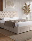 Lit double avec 4 tiroirs en lin beige 140x190 cm LEANDRE