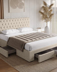 Lit double avec 4 tiroirs en lin beige 140x190 cm LEANDRE