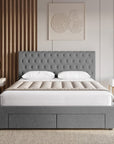 Lit double avec 4 tiroirs en lin gris 140x190 cm LEANDRE
