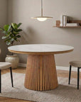 Table à manger ronde extensible en bois clair avec plateau en céramique blanc 120-200cm HEKA