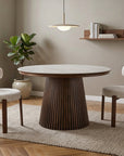 Table à manger ronde extensible en bois foncé avec plateau en céramique blanc 120-200cm HEKA