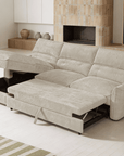 Canapé d'angle convertible avec coffre de rangement en velours chiné beige SAMINA - Angle gauche