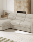 Canapé d'angle convertible avec coffre de rangement en velours chiné beige SAMINA - Angle gauche