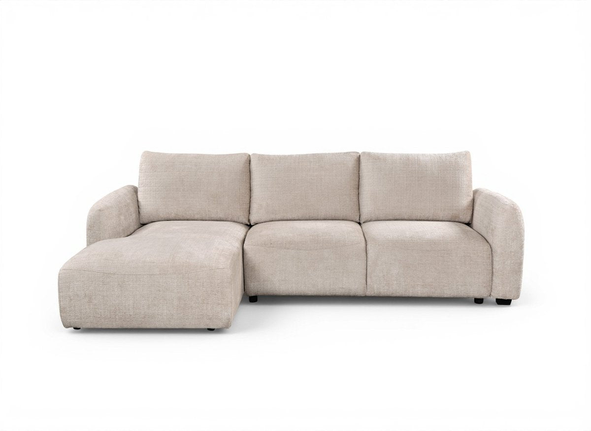 Canapé d'angle convertible avec coffre en velours chiné beige MARLA - Angle gauche