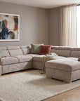 Canapé panoramique convertible avec coffre en velours chiné beige GAELLE - Angle droit