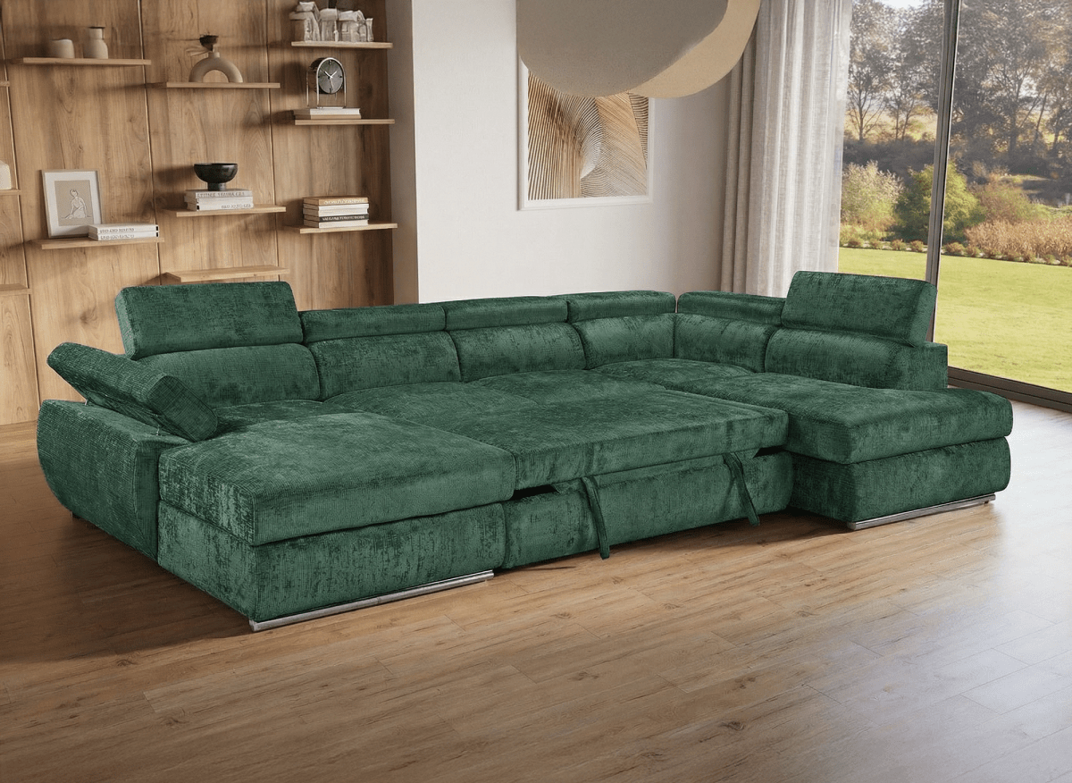 Canapé panoramique convertible avec coffre en velours chiné vert olive MARIANO - Angle gauche