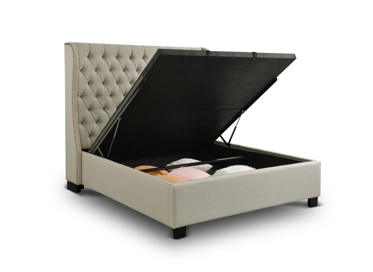 Lit coffre capitonné en tissu lin beige FLORINE 160 x 200 cm