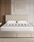 Lit double avec 4 tiroirs en lin beige 180x200 cm LEANDRE