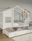Lit gigogne cabane en bois blanc 90 x 190 cm MILIO