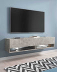 Meuble TV suspendu 2 portes 2 niches gris béton ROMANE XL - 140 cm