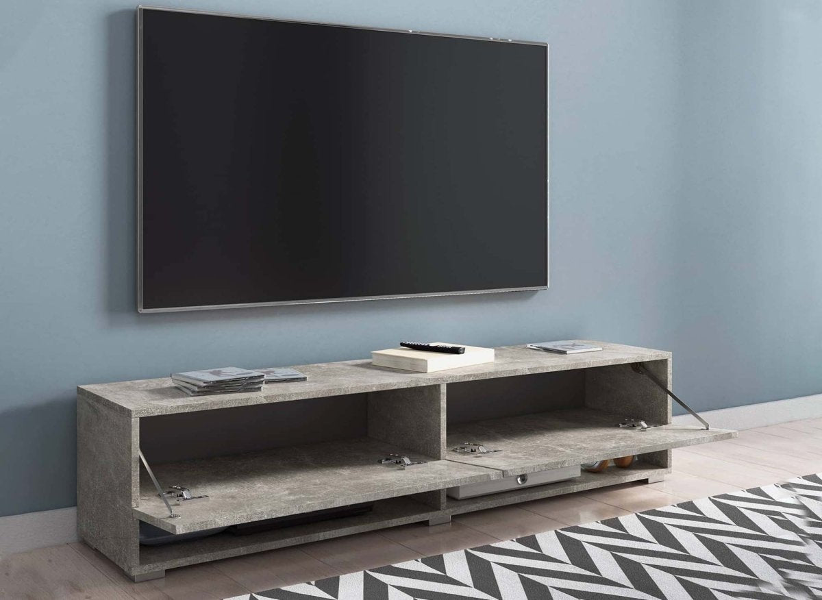Meuble TV suspendu 2 portes 2 niches gris béton ROMANE XL - 140 cm