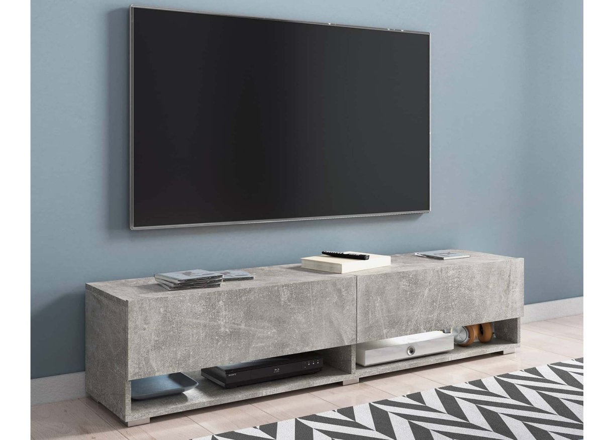 Meuble TV suspendu 2 portes 2 niches gris béton ROMANE XL - 140 cm