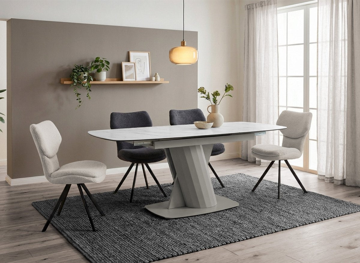 Table à manger extensible en métal beige plateau céramique blanc 180-240 cm DUBAI