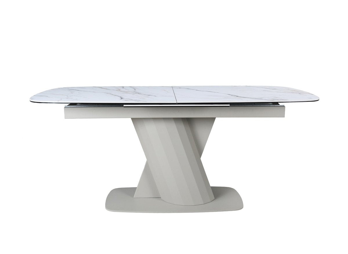 Table à manger extensible en métal beige plateau céramique blanc 180-240 cm DUBAI