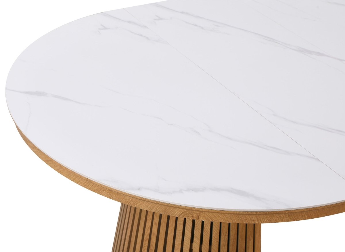 Table à manger ronde extensible en bois clair avec plateau en céramique blanc 120-200cm HEKA