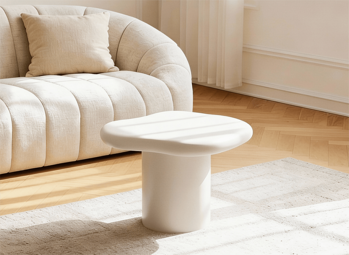 Table basse ronde en béton brossé blanc plateau asymétrique ZELINE