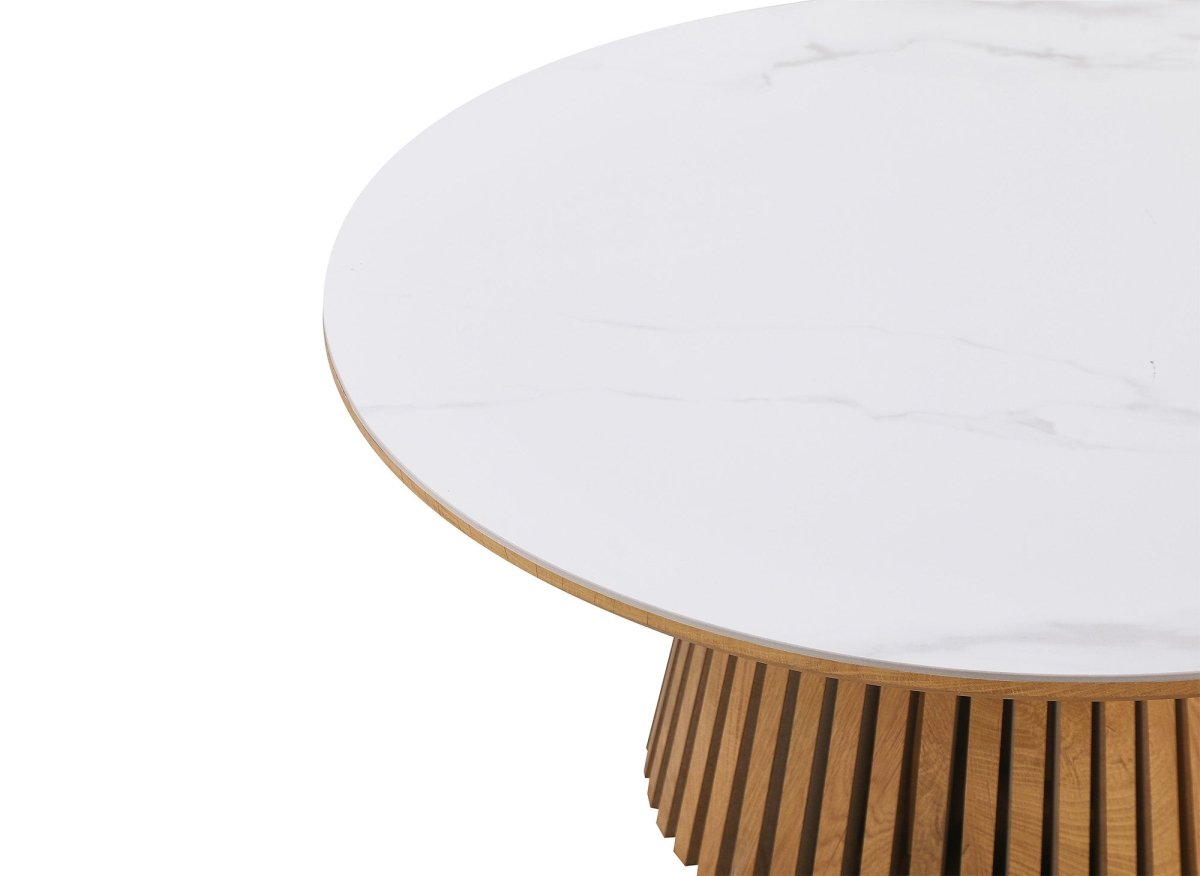 Table basse ronde en bois clair plateau en céramique blanc HEKA